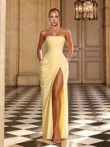 Bright Yellow Solid Color Elegant Sexy Chiffon High Slit Asymmetric Strapless Evening Dress Fall - Yellow - View 5