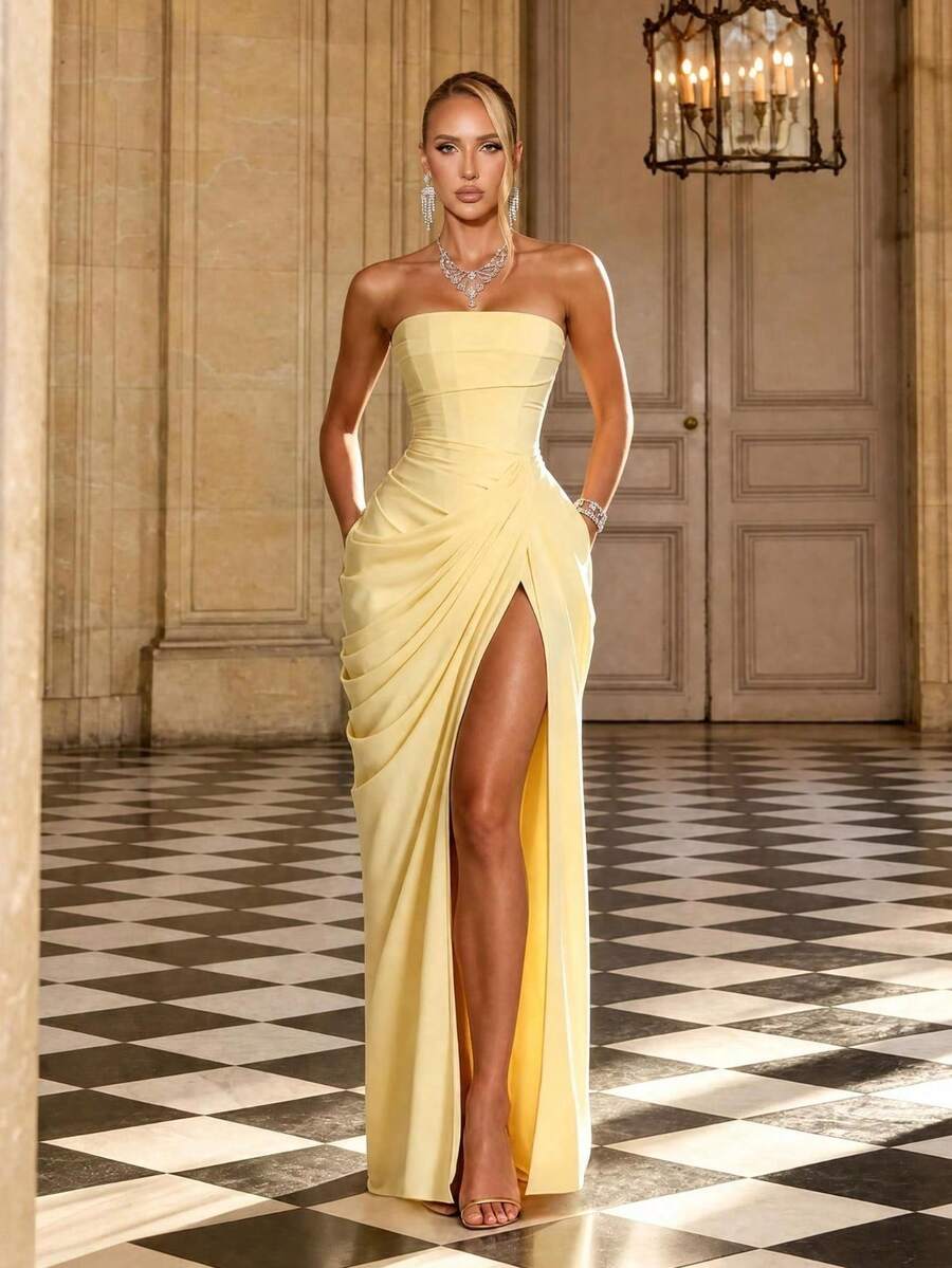 Bright Yellow Solid Color Elegant Sexy Chiffon High Slit Asymmetric Strapless Evening Dress Fall - Yellow - View 1