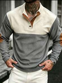 Men's Colorblock Henley Collar Corduroy Sweatshirt, Long Sleeve Elbow Patch Casual Polo Neck Pullover For Daily Wear - Grey - View 1