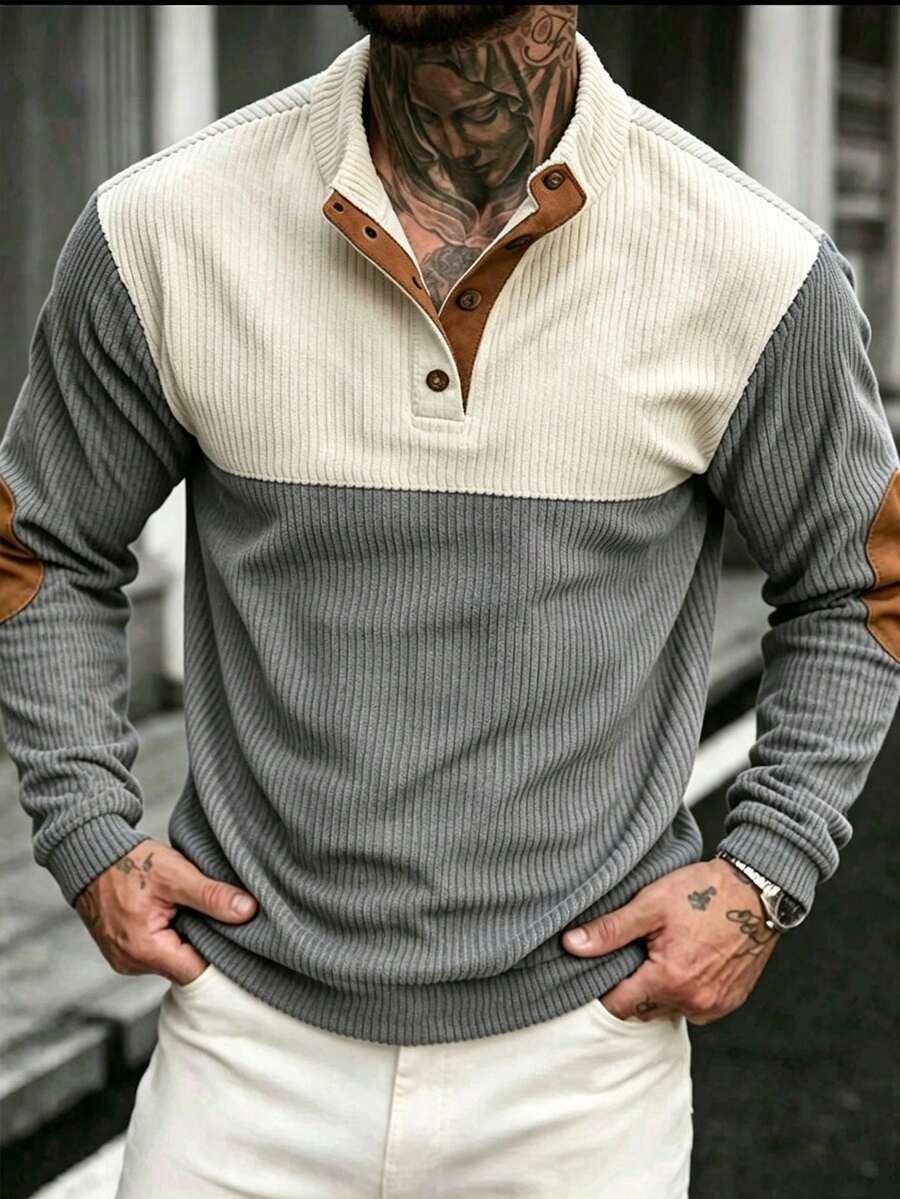 Men's Colorblock Henley Collar Corduroy Sweatshirt, Long Sleeve Elbow Patch Casual Polo Neck Pullover For Daily Wear - Grey - View 1