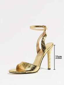 Jin Bei Qi Women's Summer Sandals, Gold Stone Texture Fabric Back Ankle Strap Buckle Thin High Heel Shoes, Fashionable Comfortable PU Leather High Heel Sandals, Suitable For Evening Party, Wedding, Party, Date, Formal Dress, Luxury Outfit - Gold - View 4