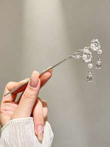 1件彩色水晶花朵、蝴蝶和树枝装饰仿珍珠流苏合金发夹，可作发髻延长器、发型造型夹、女士发饰 - 銀色 - 查看 11