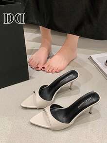 1 Pair Women's Pointed Toe Stiletto High Heel Slides, Minimalist Fashion Sandals, Suitable For Daily Commute And Shopping - Beige - View 3