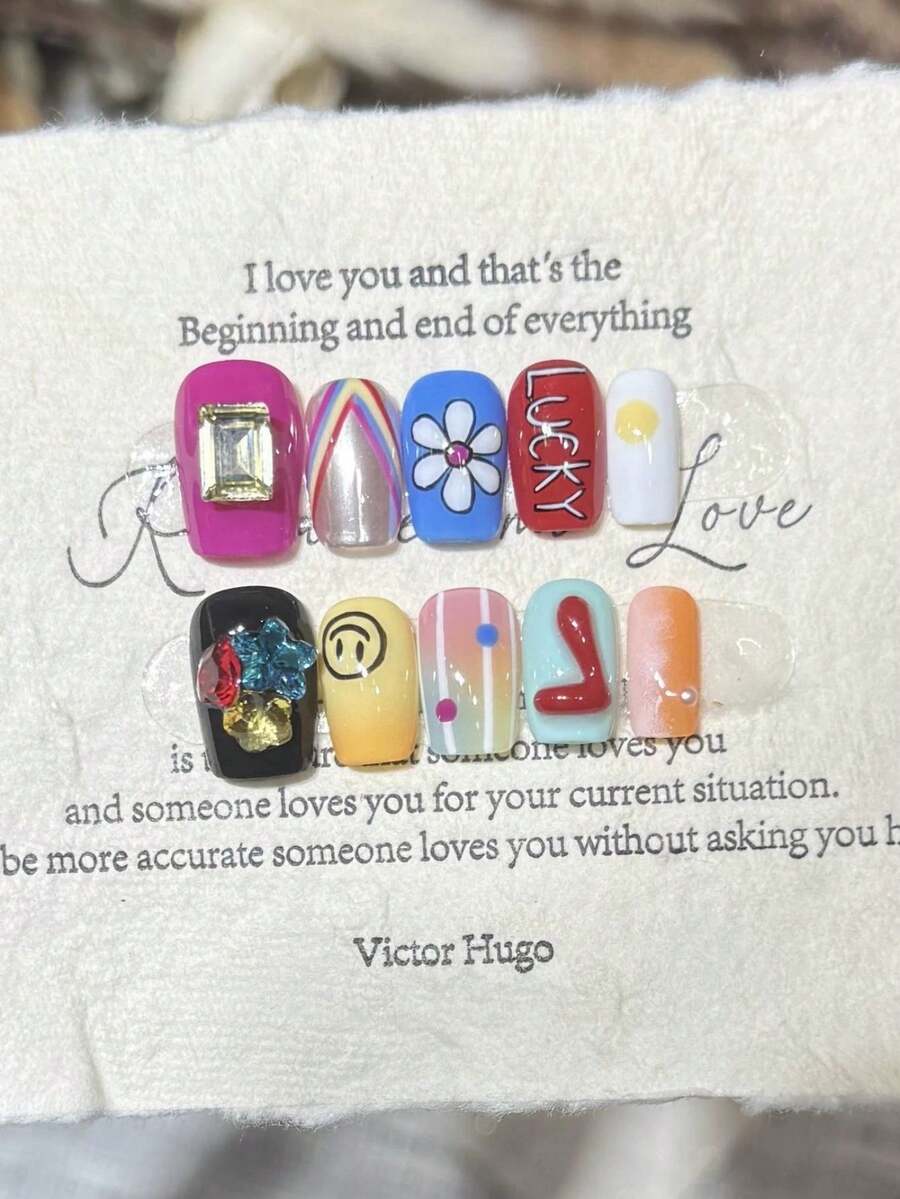 10PCS Square/Round Handmade Press On Nails, Y2K,Suitable For Girls And Women Festivals,Music Festival,Daily Wear,Valentine's Day Gift.