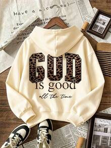 Girls Leopard Print Letter Graphic Hooded Zip-Up Sweatshirt, Casual Long Sleeve Jacket, Comfortable Soft Fabric, Suitable For Autumn/Winter Wear - Apricot - View 2