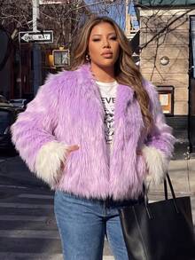 Astrid Plus Size Autumn/Winter Fashion Colorblock Patchwork Plush Jacket - Purple - View 1
