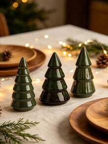 Holiday Party Supplies Mini Ceramic Christmas Tree, Glazed Vintage Christmas Decor, Home Desktop Decoration Ornament, Atmosphere Decorative Display - Army Green - View 2