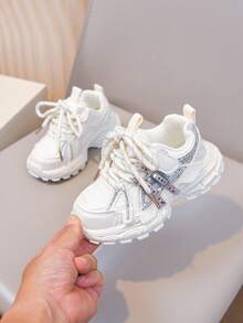 1 Pair New Girls' Sequin Rhinestone Thick Sole Sneakers, Casual Fashion Breathable Height-Increasing Chunky Sneakers - Beige - View 6