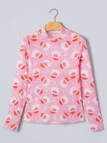 Acelitt Women's Casual Pink Bottom Cartoon Santa Claus Print Ruffle Collar Slim Fit Long Sleeve Christmas Top - Multicolor - View 2