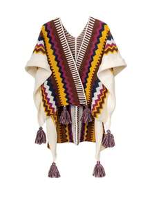 CAMEL CROWN Poncho Rajut Boho, Selendang, Bungkus, Kardigan Berumbai, Bagian Depan Terbuka, Pola Geometris, Jubah, Sweater, Leher V, Ruana Longgar yang Nyaman untuk Musim Gugur - Rocky Brown - View 1