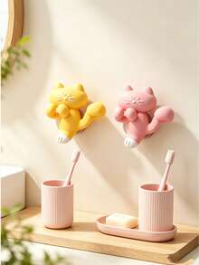 1pc Cute Cat Shaped Wall Mount Holder, Functional Toothbrush Rack + Cable Organizer, No-Drill Adhesive Hook, Suitable For Bathroom Sink, Desktop Charging Cable Storage - Multicolor - View 8
