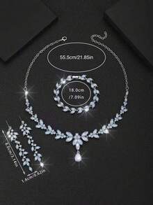 Necklace, Earrings, Bracelet Leaf Set, Fashion Elegant Alloy Jewelry Set, Bridal Wedding Jewelry, Suitable For Wedding Party Wear - Baby Blue - View 4