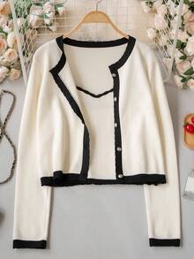 Autumn/Winter New Korean Style Sweet Casual Knit Sweater Set For Women, Preppy Contrast Color Long Sleeve Cardigan + Camisole 2-Piece Set, Versatile For Daily Commute - Apricot - View 10