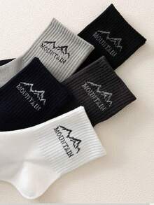 1/5 Pairs Men's Mountain Letter Pure Cotton Mid-Calf Socks, Suitable For Daily And Outdoor Wear - Multicolor - View 2