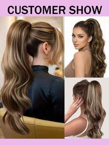 Long Body Wave Ponytail Human Hair Extension Clip In Curly Pony Tail Highlight Wrap Around Hairpieces For Women #4/27 Color For Halloween Party - S4/27 - View 5