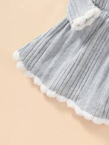 2pcs/Set Baby Girl Long Sleeve Ribbed Jacquard Pom Pom Lace Bow Dress + Grey Hat, Spring/Autumn Outfit Set - Grey - View 8