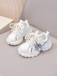 1 Pair New Girls' Sequin Rhinestone Thick Sole Sneakers, Casual Fashion Breathable Height-Increasing Chunky Sneakers - Beige - View 3