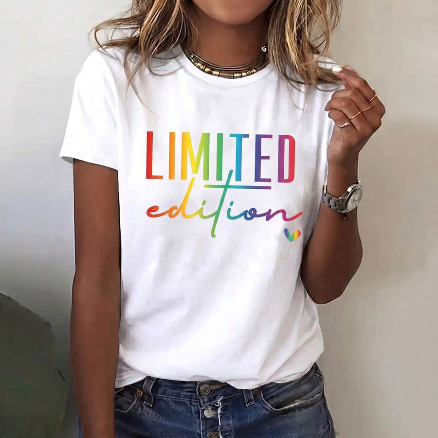 1 Pcs Cute Casual Limited Edition Graphic 100% Cotton T-Shirt, Pink Letter And Heart Print Crewneck Short Sleeve Top For Women Summer Daily Wear