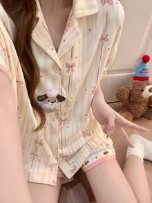 2件組女款睡衣家居服套裝，開襟翻領可愛小狗與蝴蝶結印花短袖時尚休閒短褲，春夏季，易打理面料 - 香檳色 - 查看 4