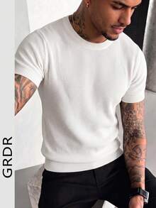 GRDR Men's Summer Round Neck Solid Color Short Sleeve Knit Sweater, Suitable For Summer Outings, Essential For Fashionable Styling - White - View 2