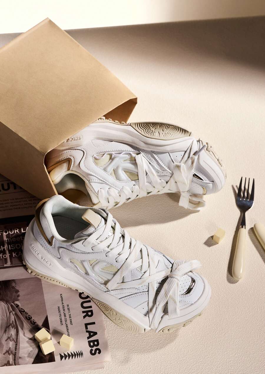 Tênis Casuais Femininos Kappa com Sola Grossa, Design Retrô com Cadarço, Tênis Chunky Aumentador de Altura, Respirável, Leve, Estilo Vintage, Sapatos Esportivos para Uso Diário - Branco Clássico/Queijo Branco - Visão 1