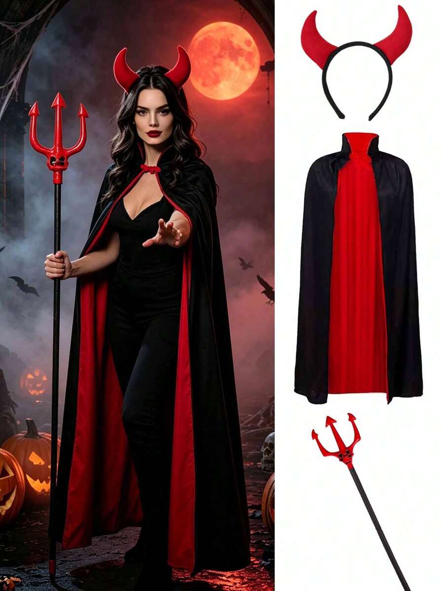 Set Kostum Vampir Setan Gotik 3 Potong, Cocok untuk Halloween, Zombie, Malaikat Maut, Pesta Bertema Peran Setan, Unisex - MultiWarna - View 1