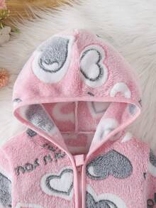 Baby Girl Spring/Autumn Flannel Heart Print Hooded Jacket, Thickened Warm Baby Outerwear - Multicolor - View 3