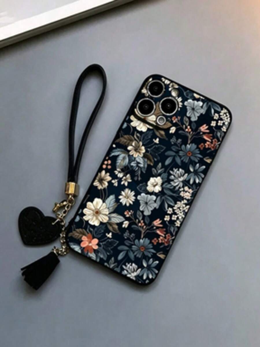 精準孔位直邊花卉彩繪加厚防摔手機殼 保護套 附全新皮革愛心手繩 DIY 手機吊飾 皮革繩流蘇掛飾 短款腕帶飾品 適用於 iPhone 15 Pro Max Apple - 彩色 - 查看 1