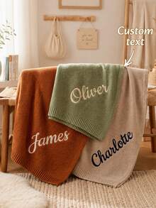 1pc Customizable Embroidered Knitted Throw Blanket, Supports Custom Name Embroidery, 7 Colors Available, Structured Ribbed Edge, Suitable For Home Relaxation And Daily Home Use, Suitable For Family Members, Meaningful Holiday Celebration Gift Choice - Multicolor - View 2