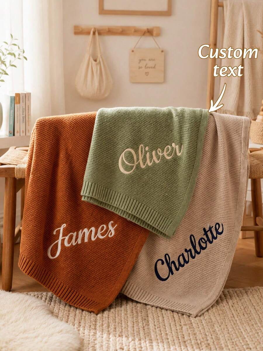 1pc Customizable Embroidered Knitted Throw Blanket, Supports Custom Name Embroidery, 7 Colors Available, Structured Ribbed Edge, Suitable For Home Relaxation And Daily Home Use, Suitable For Family Members, Meaningful Holiday Celebration Gift Choice