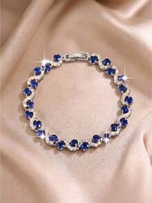 1pc Minimalist Round Cubic Zirconia Wrapped Royal Blue Design Women's Bracelet, Silver-Plated Multicolor Jewelry, Party Wedding Accessory, Anniversary Birthday Gift For Girlfriend - Bracelet - View 5