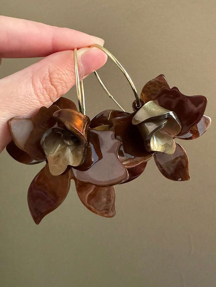 1 Pair Vintage Brown Floral Acrylic Earrings, Classic Retro Style Women's Jewelry, Suitable For Party, Banquet, Vacation And Daily Wear - Gold - View 1