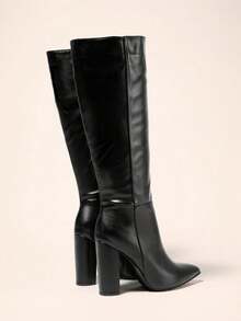 Women's Black Solid Color Over-The-Knee Or Mid-Calf Pointed Toe Chunky High Heel Boots With Side Zipper & Shiny Material, Winter,Wear With Cardigan,Party - Black - View 4