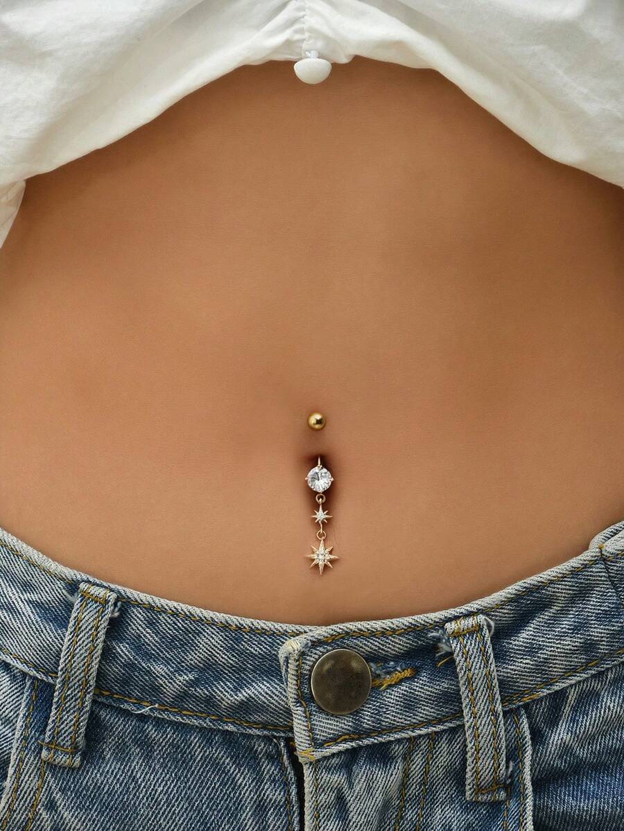 1pc Inlaid Cubic Zirconia Eight-Pointed Star Pendant Pierced Navel Ring, Suitable For Women's Daily Wear, Dating, Gathering, Party - Yellow Gold - View 1