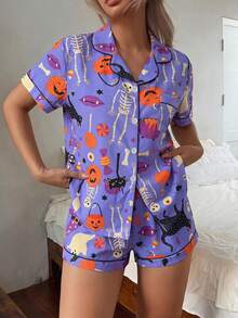 2pcs Women's Halloween Pumpkin & Black Cat Short Sleeve Collared Top And Bow Shorts Pajama Set - Blue - View 1
