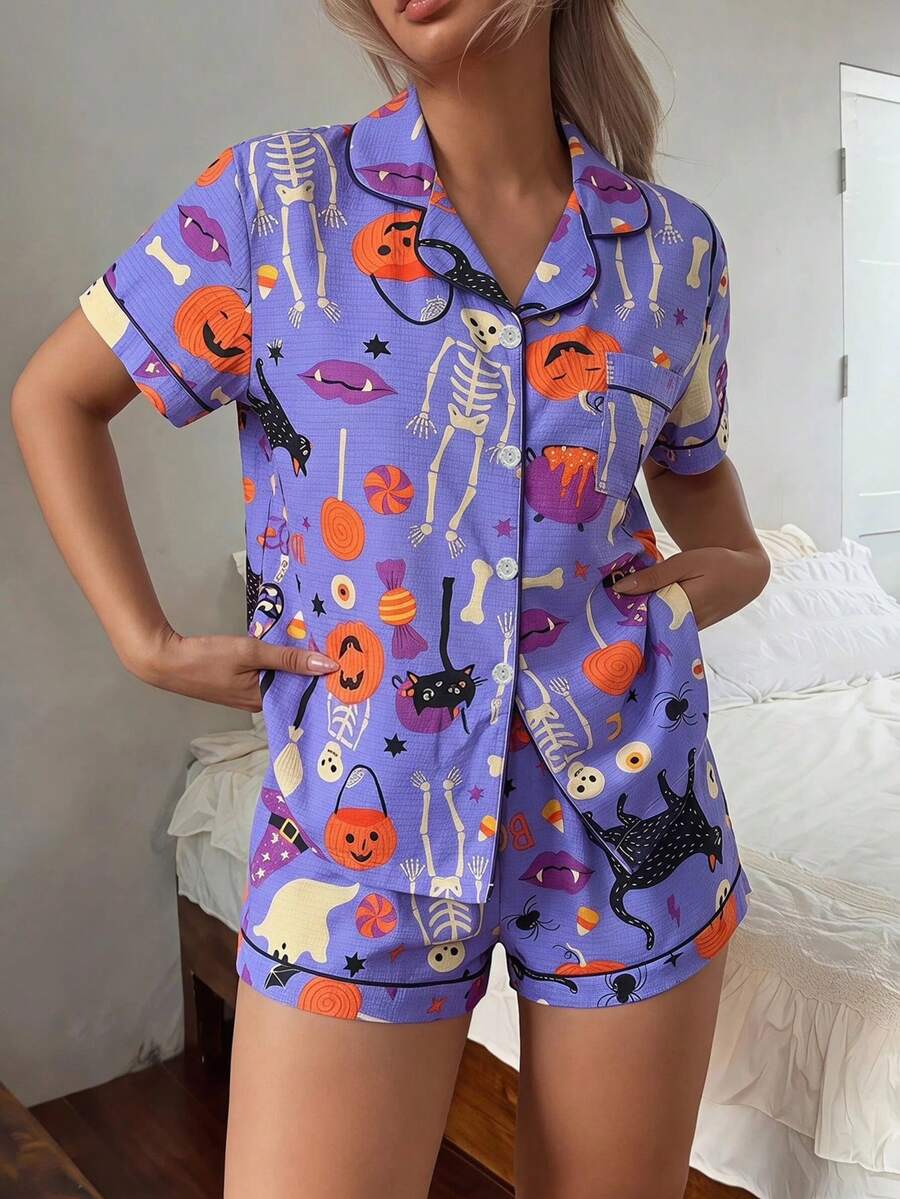 2pcs Women's Halloween Pumpkin & Black Cat Short Sleeve Collared Top And Bow Shorts Pajama Set - Blue - View 1