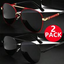 Modern Metal Frame Sunglasses, 2-Piece Set: Red & Black And All Black. Durable Metal Texture, Neutral Everyday Versatility. Casual Fashion Gift. - Grey - View 13