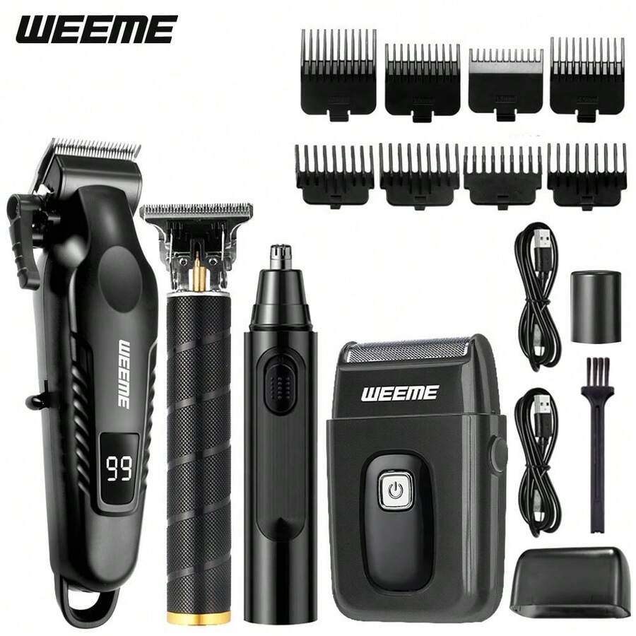 WEEME 4合1男士無線電動刮鬍機修剪器套裝，包含鼻毛修剪器與刮鬍機，多功能理容工具，適用修剪、刮鬍與清潔，適合居家使用、旅行，亦可作為送給男友或父親的禮物