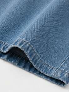 1pc Girls Spring/Autumn Denim Jeans, Asymmetrical Rolled Waistband Single Button Design Loose Wide Leg Denim Pants - Medium Wash - View 7