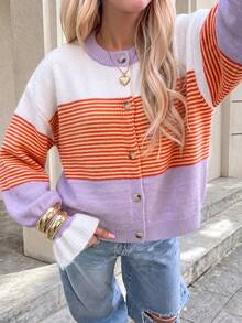 Cardigan Wanita Vintage Bergaris Leher Bulat Lengan Panjang, Manset Berkerut, Detail Kancing, Potongan Pendek, Sempurna untuk Pakaian Musim Gugur/Musim Dingin. Musim Gugur - MultiWarna - View 4