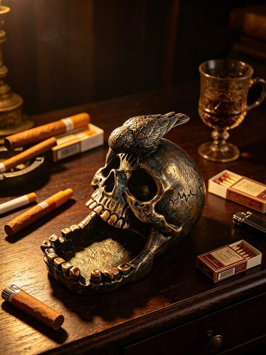 古董骷髏與烏鴉樹脂菸灰缸，哥德式萬聖節裝飾，戒指收納架，深色風格愛好者家居裝飾，旅行收納，返校收納，宿舍收納，送給男友的禮物