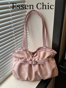 1pc Pink Large Capacity Polka Dot PU Pleated Tote Bag Women's Shoulder Bag - Pink - View 8