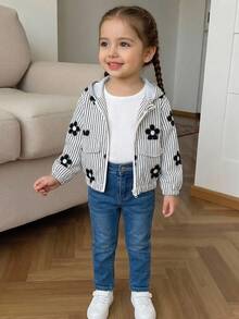 Girls' Casual Fashion Striped & Floral Print Faux Pocket Design Hooded Long Sleeve Zip-Up Jacket, Short Lightweight Jacket For Spring & Autumn - Black and White - View 8
