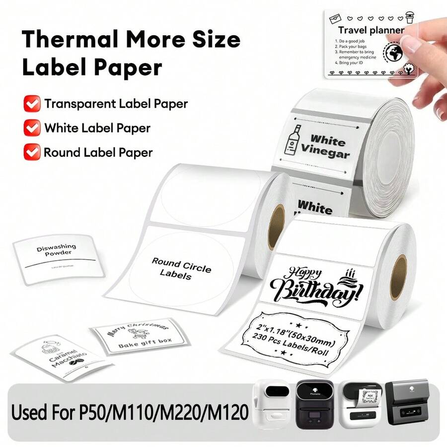 Marklife P50 Thermal Label Paper, White Transparent Round Self-Adhesive Stickers, Waterproof, Oil-Resistant, Scratch-Resistant, Suitable For P50 M220 M110 M120 Portable Printers