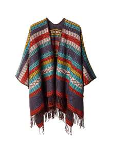 CAMEL CROWN Women's Bohemian Style Tassel Shawl Cape Open Front Knit Poncho Cardigan, Geometric Stripe Oversized Ruana Sweater, Autumn/Winter Travel Casual - Peacock Blue - View 1