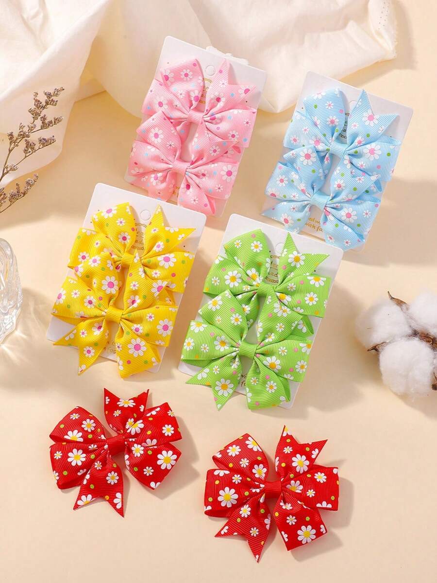 1 Pair Printed Daisy & Sunflower Hair Clip Set, Ribbed Fishtail Bow Baby Hair Clips, Random Cardboard - Multicolor - View 1
