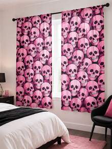 2PCS, Pink Skull Print Curtains, Dark Sweet Cool Style, Halloween Party Home Decor Fabric Curtains - Multicolor - View 2