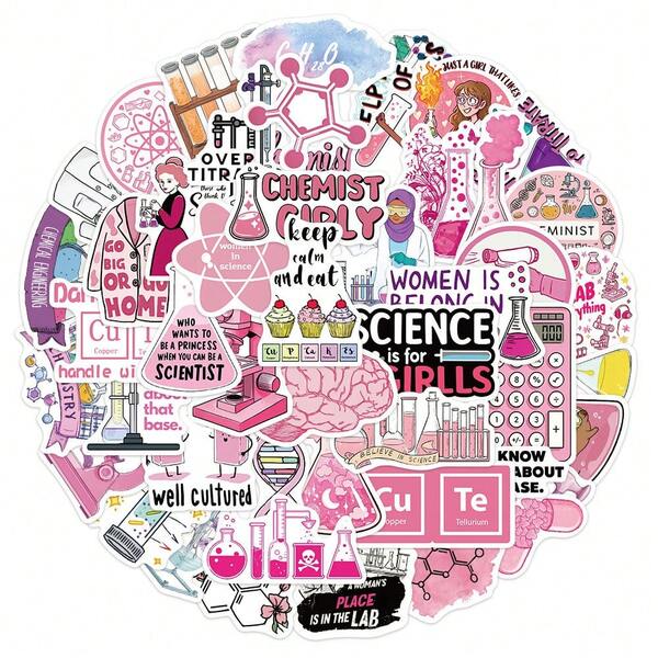 50Pcs Pink Lab Stickers Funny Science Stickers Aesthetics Scrapbook Stickers Pack Chemistry Stickers Biology Stickers Vinyl Waterproof Stickers For Water Bottle,Computer,Laptop,Phone,Luggage,Notebook,Fridge