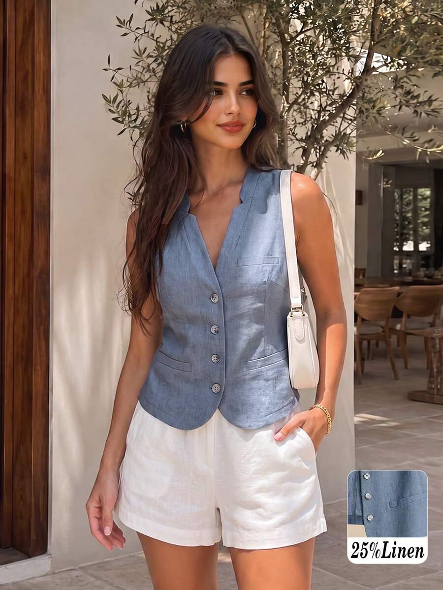 Women's Spring/Summer Casual Vacation Linen Short Blazer Vest - Dusty Blue - View 1