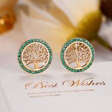 1 Pair Round Tree Of Life Hollow Stud Earrings With Rose Red Rhinestone Circle Surround, Exquisite Niche Elegant Gift Decorative Earrings For Women - Earrings - View 13